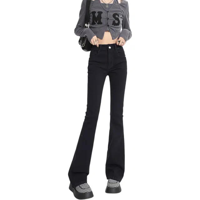 惟熙 纯色拉链高腰喇叭牛仔裤 女款 黑色