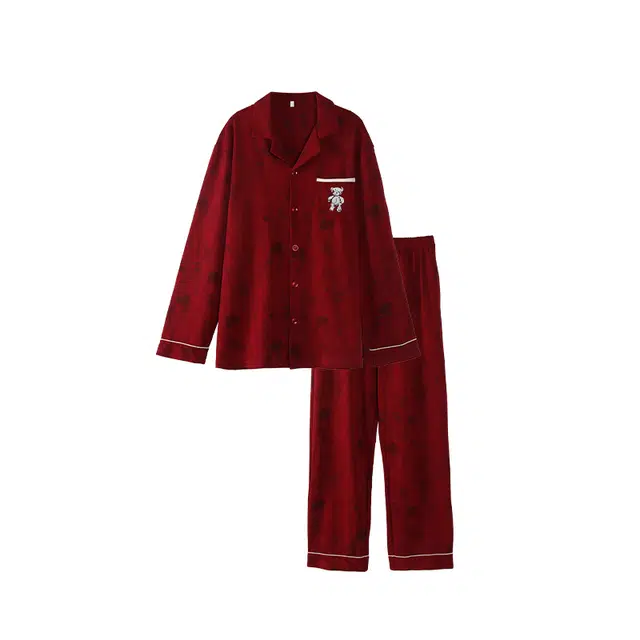 轻迎 翻领喜庆卡通长袖长裤可外穿家居服睡衣套装 男款 红色