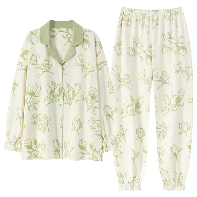 莫代尔 亲肤舒适透气小清新花卉满印翻领开衫长袖长裤时尚可外穿睡衣套装 女款 杏色