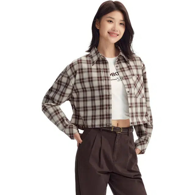 森马 宽松翻领长袖衬衫 女款 白咖色调