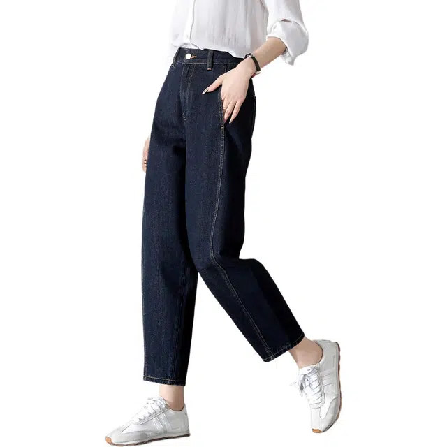 沫晗依美 简约纯色高腰口袋哈伦牛仔裤 女款 原色蓝