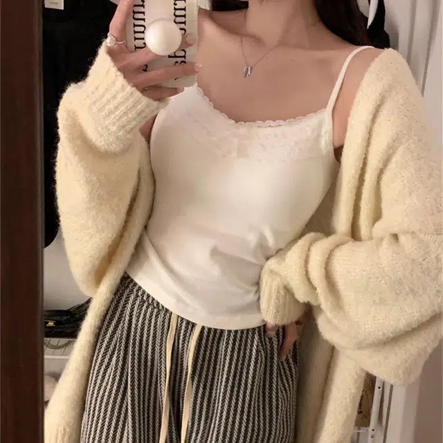 御茶家 辣妹纯欲风蝴蝶结蕾丝拼接带胸垫修身上衣细吊带 女款