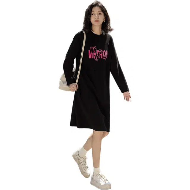 【dme】 简约撞色宽松圆领长袖连衣裙 女款 黑色