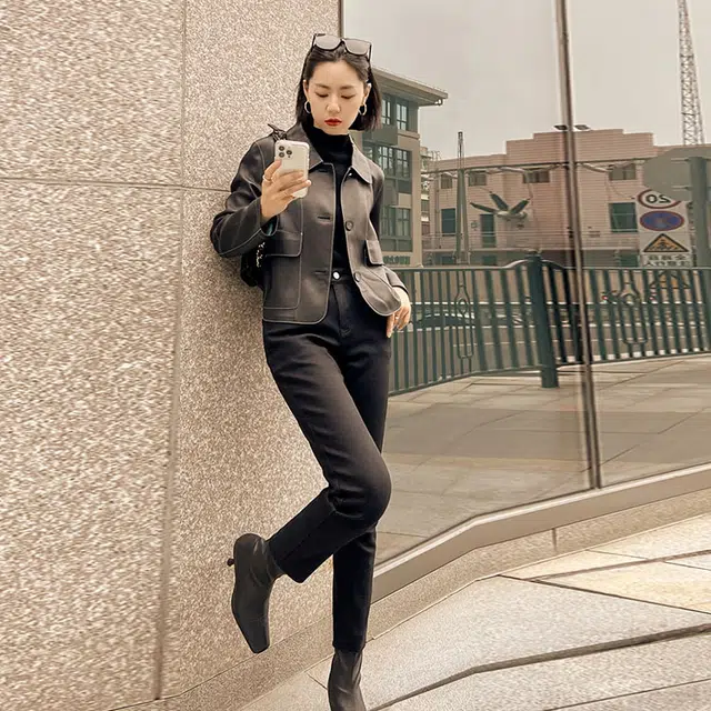 美洋 高腰纽扣修身九分牛仔裤 女款 牛仔黑