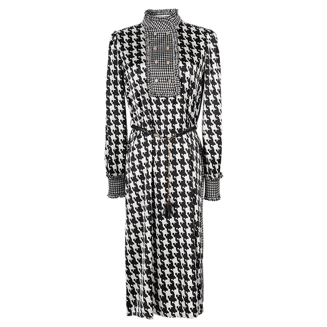 米思阳 千鸟格圆领长袖连衣裙 黑杏色