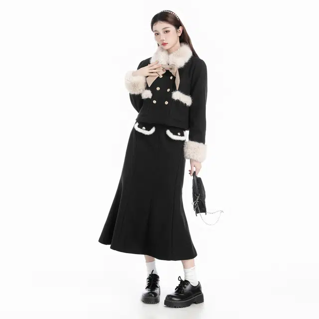 THREE Wool Coat and Skirt Set