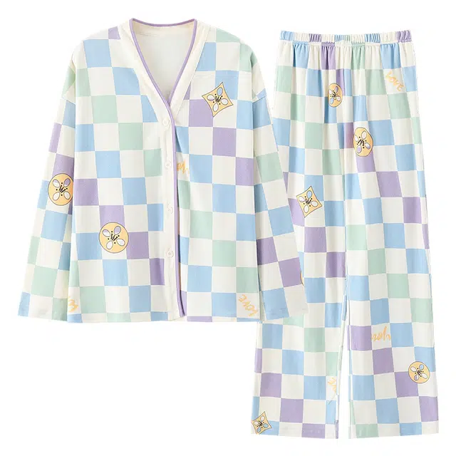 俏佳人 亲肤透气柔软舒适吸湿排汗开衫长袖长裤睡衣套装 女款 图片色