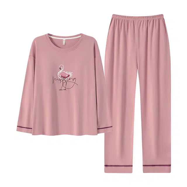 轻迎 甜美纯色带胸垫可外穿长袖长裤家居服睡衣套装 女款 粉色