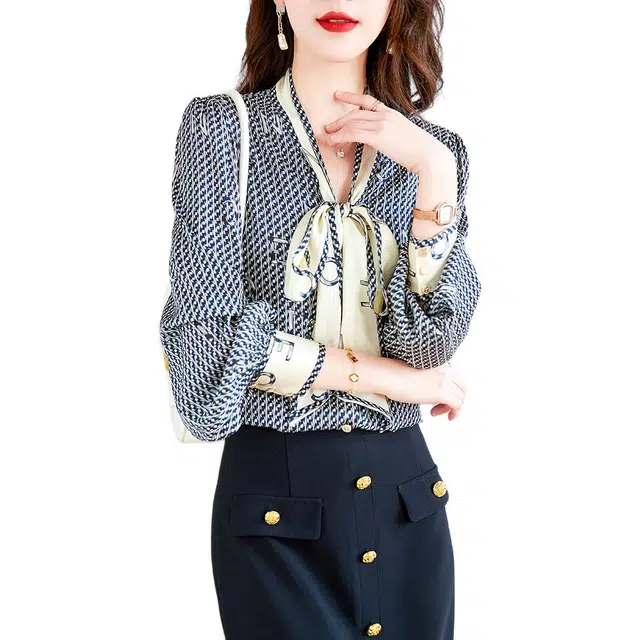 水墨佳人 时尚飘带领印花套头长袖衬衫 女款 黑色