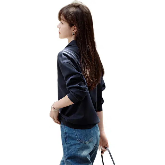 沫晗依美 翻领纯色百搭长袖卫衣 女款 藏青色