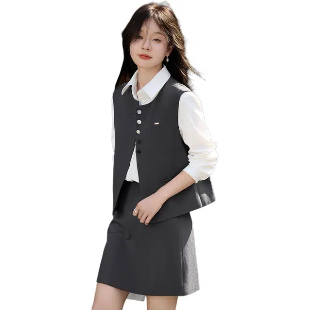 沫晗依美 圆领通勤简约上衣纯色时尚舒适裙子裙装套装 女款 麻灰色