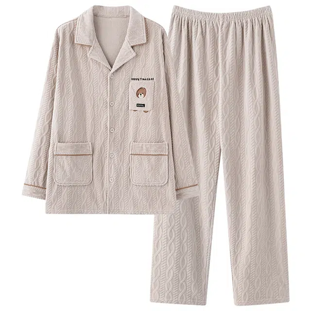 莫代尔 保暖亲肤舒适蓄热卡通时尚翻领开衫长袖长裤可外穿家居服睡衣套装 男女同款