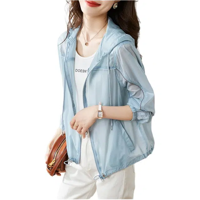 沫晗依美 拉链连帽纯色夹克外套 女款 蓝色