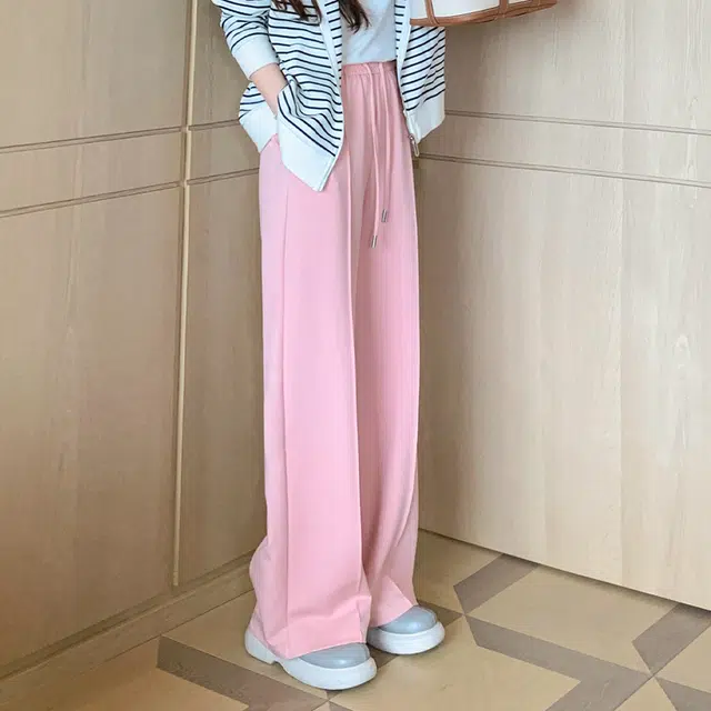 美洋 樱花休闲裤 清丽高腰抽绳垂感直筒阔腿休闲拖地长裤 女款 粉色