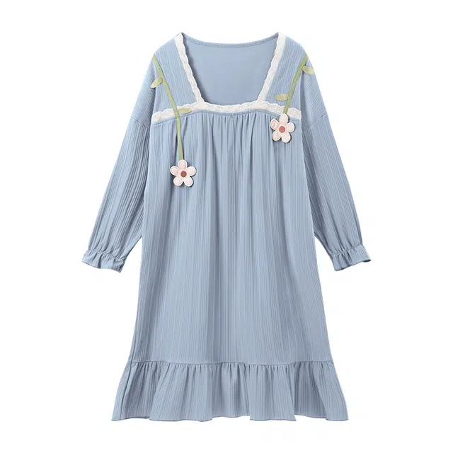 欧诗帛 舒适休闲简约可外穿长袖睡裙 女款 蓝色