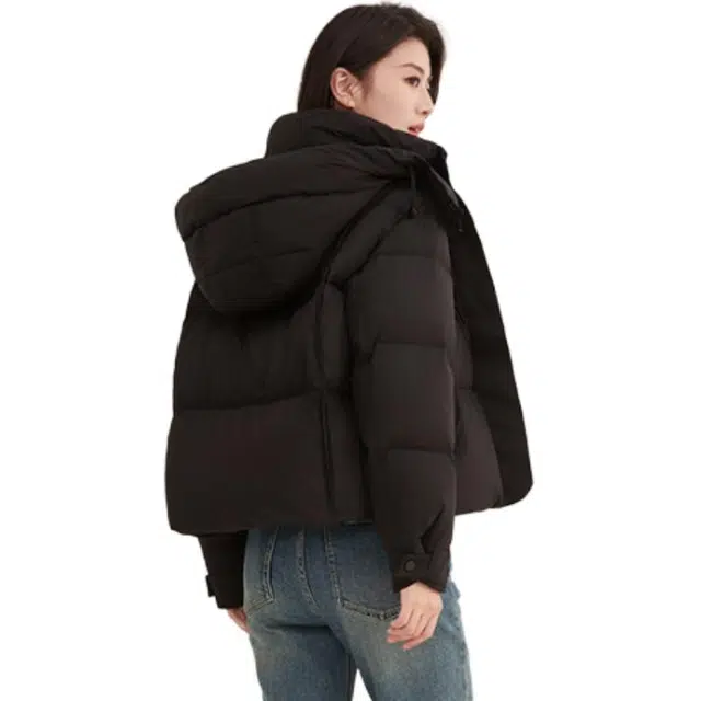 鸭鸭 纯色拉链短款长袖连帽羽绒服 女款