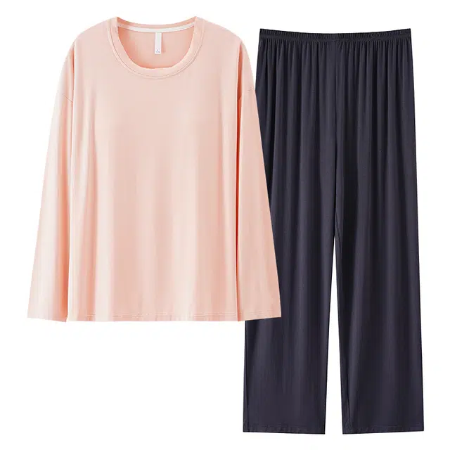 俏佳人 纯色套头休闲舒适带胸垫长袖长裤可外穿睡衣套装 女款 浅粉灰