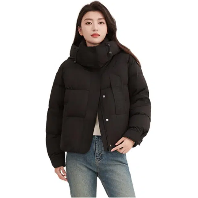 鸭鸭 纯色拉链短款长袖连帽羽绒服 女款