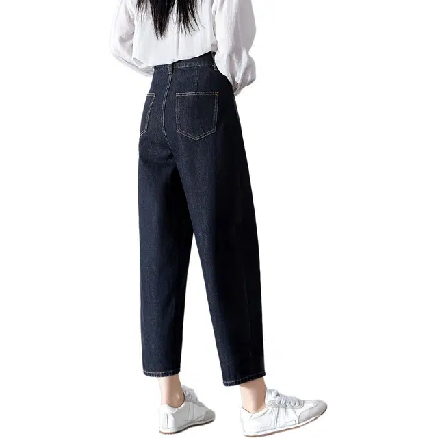 沫晗依美 简约纯色高腰口袋哈伦牛仔裤 女款 原色蓝