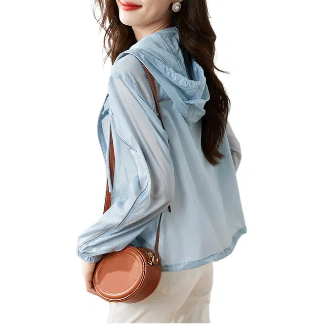 沫晗依美 拉链连帽纯色夹克外套 女款 蓝色