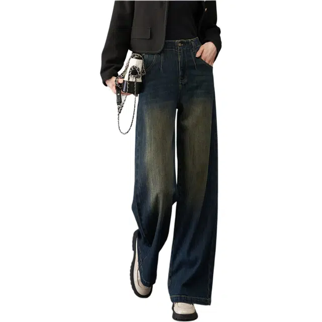 娅丽达 时尚休闲百搭宽松舒适简约阔腿牛仔裤 女款 复古蓝