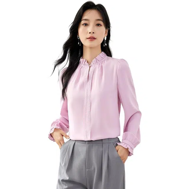欧昵雪 纯色木耳边立领套头直筒长袖衬衫 女款 皮粉色