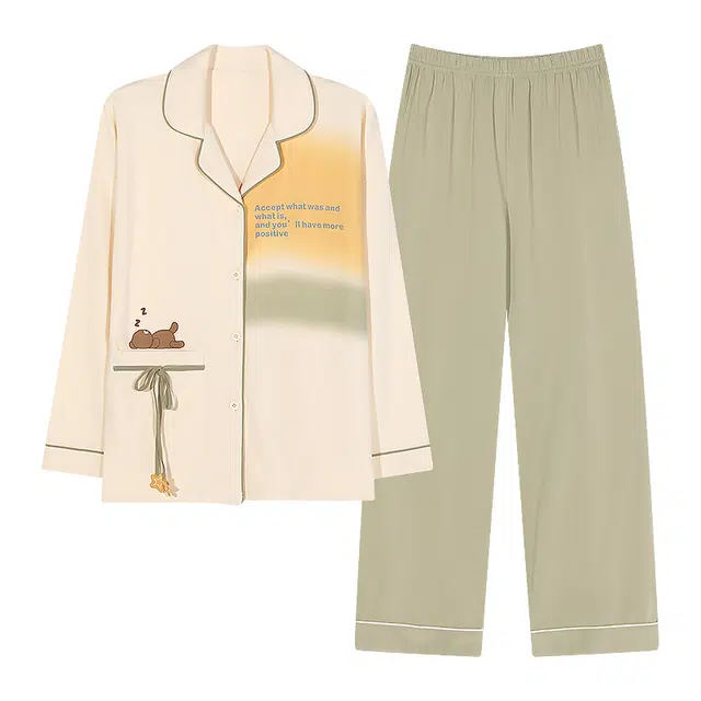 梦特娇 简约翻领开衫长袖直筒长裤家居服可外穿 休闲宽松舒适亲肤纯棉上衣睡衣套装 秋冬季 女款 两件装 米白色