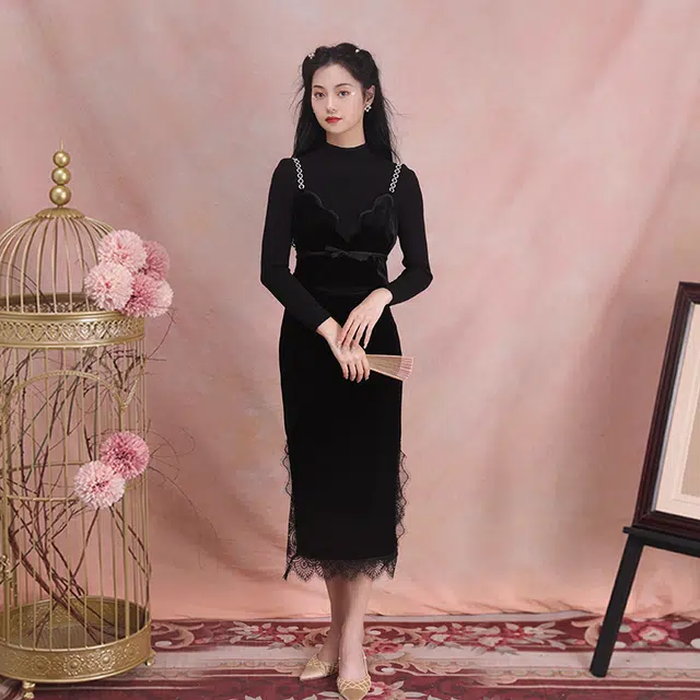 槿爷东方 璇骅鉴丝绒钻环肩带设计纯色长袖修身针织衫 女款 黑色