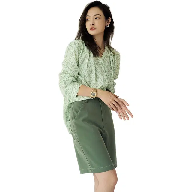 美洋 纯色不规则高腰五分短裤 女款 薄荷绿
