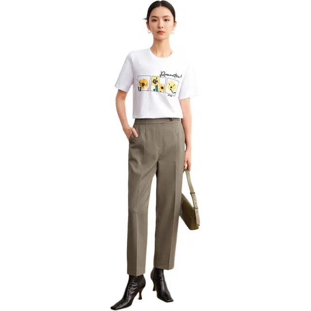 玖姿安娜蔻 简约合身直筒休闲裤 女款 格绿灰