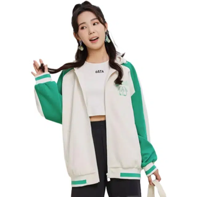 乔丹 连帽色块拼接休闲长袖夹克 女款 奶油白/青葱色