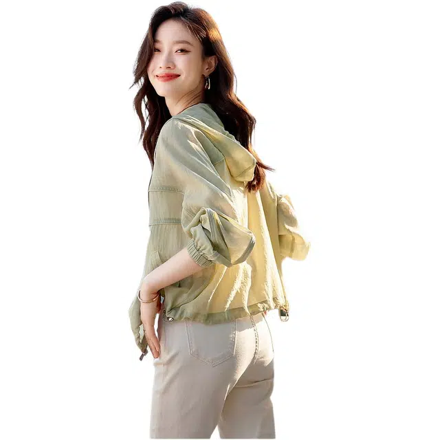 沫晗依美 纯色拉链连帽宽松夹克外套 女款 绿色