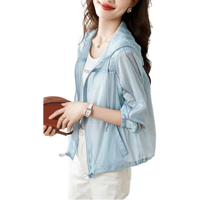 沫晗依美 拉链连帽纯色夹克外套 女款 蓝色