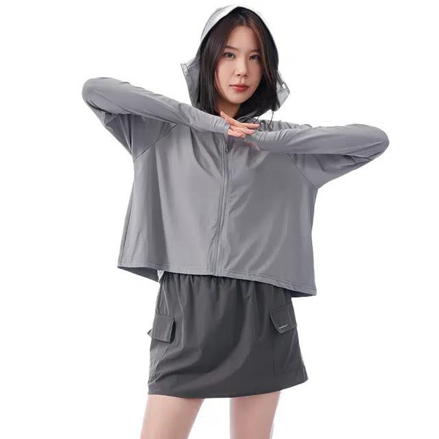 美力城 纯色连帽拉链 透气防晒服 女款 中灰