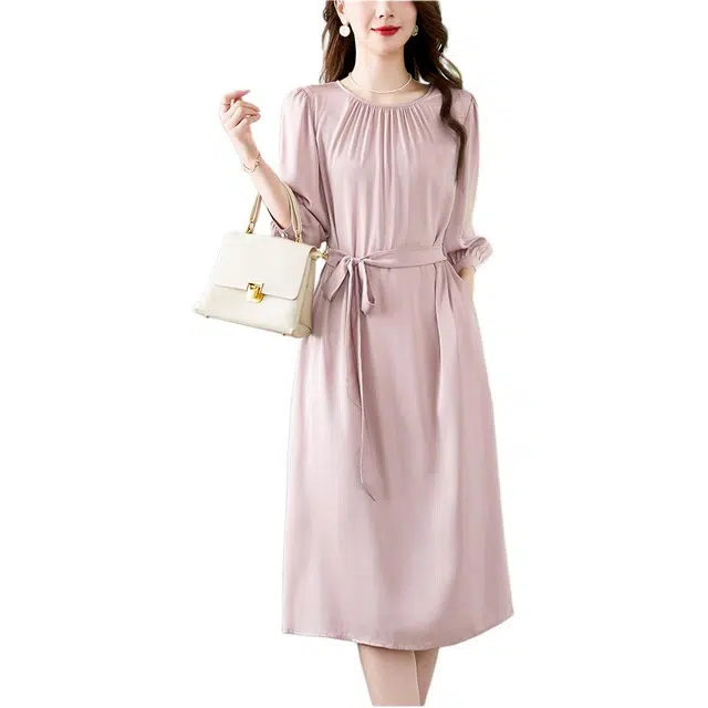 水墨佳人 纯色中长款百搭简约长袖连衣裙 女款