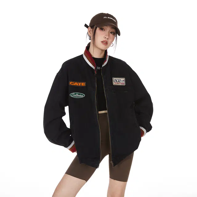 花蔓色 美式复古做旧水洗刺绣潮流宽松情侣牛仔外套 女款