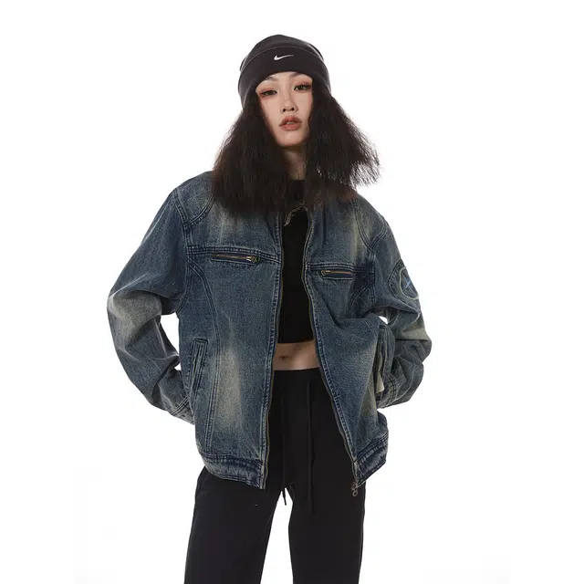 花蔓色 美式复古做旧水洗刺绣潮流宽松情侣牛仔外套 女款