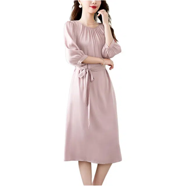 水墨佳人 纯色中长款百搭简约长袖连衣裙 女款