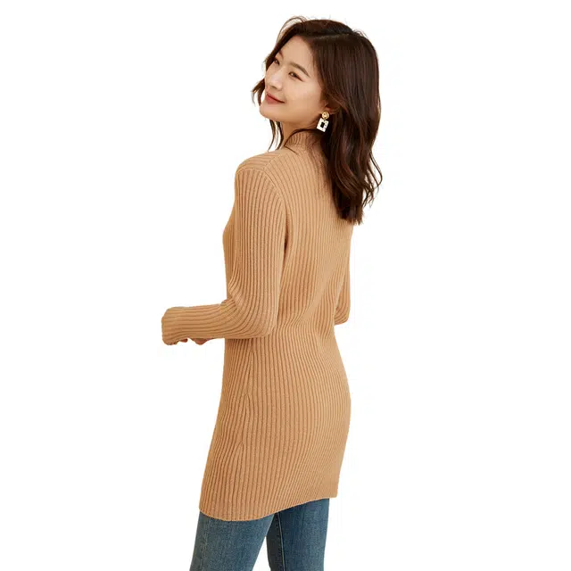 恒源祥 纯色中长款坑条毛衣 女款