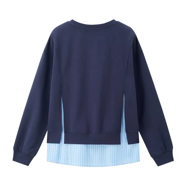 佐丹奴 减龄设计假两件梭织拼接条纹圆领套头卫衣 女款 深宝蓝