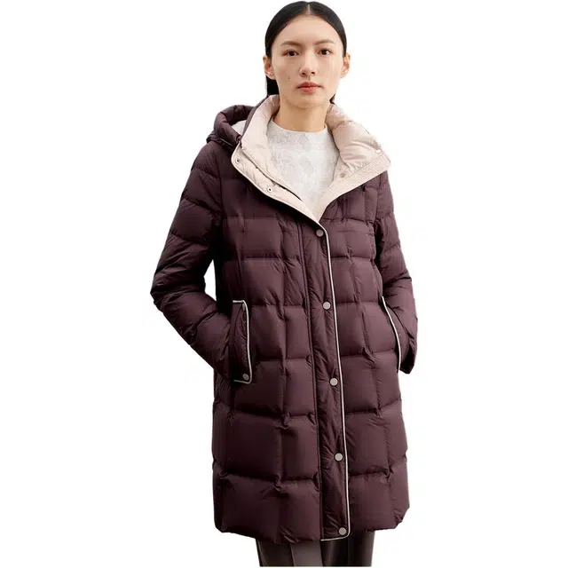 玖姿安娜蔻 纯色中长款加厚连帽羽绒服 女款