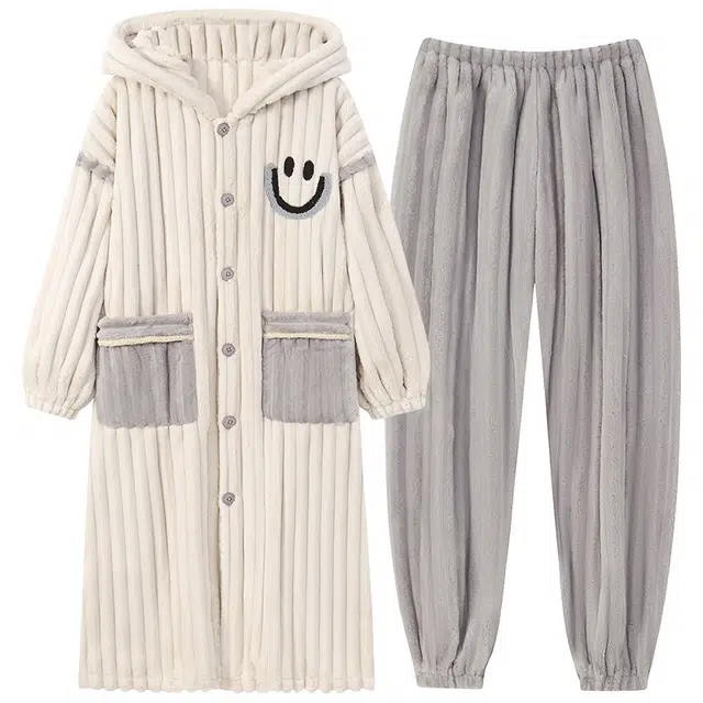 俏霓桐 柔软舒适保暖蓄温连帽可外穿长袖长裤睡衣套装 男款 图片色