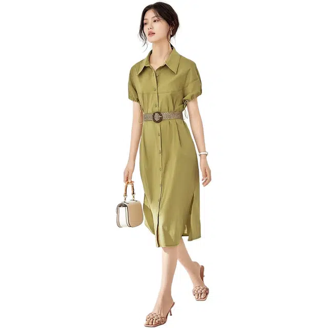 沫晗依美 连肩袖中腰开叉收腰翻领短袖连衣裙 女款 绿色