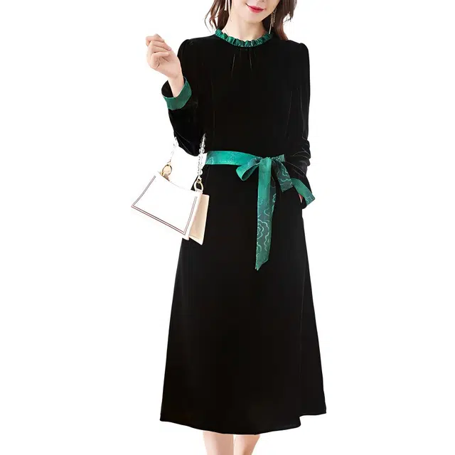 水墨佳人 优雅设计感纯色拼接绑带圆领中长长袖连衣裙 女款 黑色