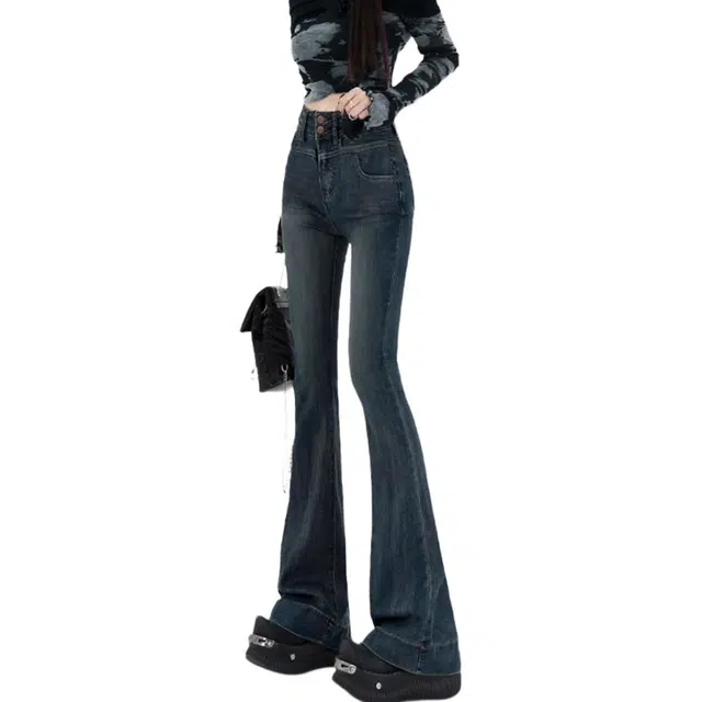 惟熙 高腰修身微喇牛仔裤 女款 复古蓝