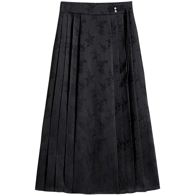 她池 改良马面裙高腰压褶提花新中式中长半身裙休闲长裙 女款 黑色