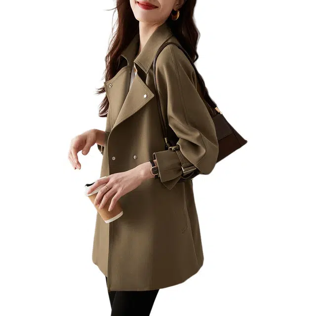 沫晗依美 简约纯色收腰百搭长袖风衣 女款 咖色