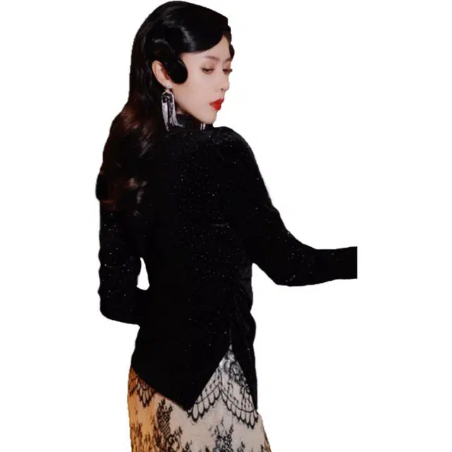 四美子 纯色丝绒长袖衬衫 女款 黑色