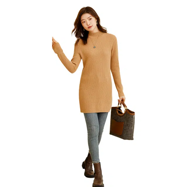 恒源祥 纯色中长款坑条毛衣 女款