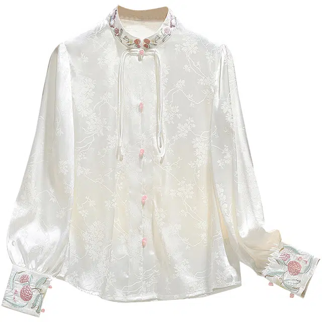 她池 新中式提花刺绣立领盘扣宽松长袖衬衫 女款 白色